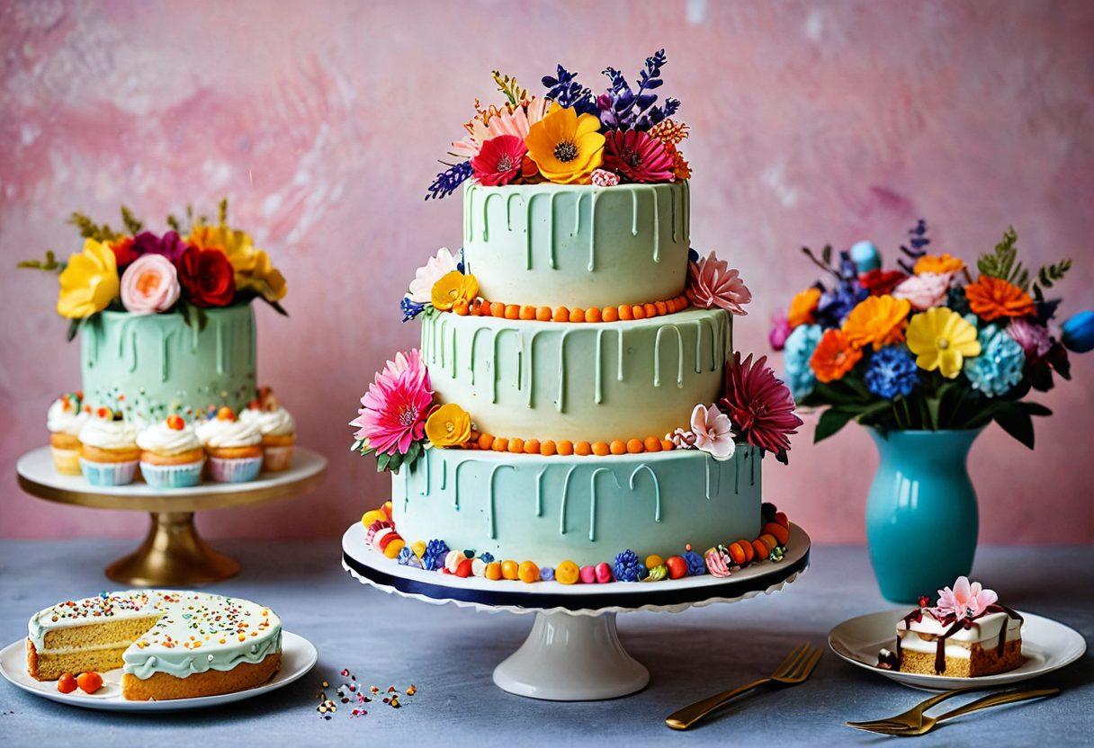 A beautifully decorated multi-tiered cake adorned with intricate icing flowers, piping techniques, and vibrant edible decorations. In the background, a well-organized baking station with various tools like spatulas, piping bags, and colorful sprinkles displayed artistically. Soft natural lighting highlights the cake, creating an inviting atmosphere. super-realistic. vibrant colors. subtle pastel background.
