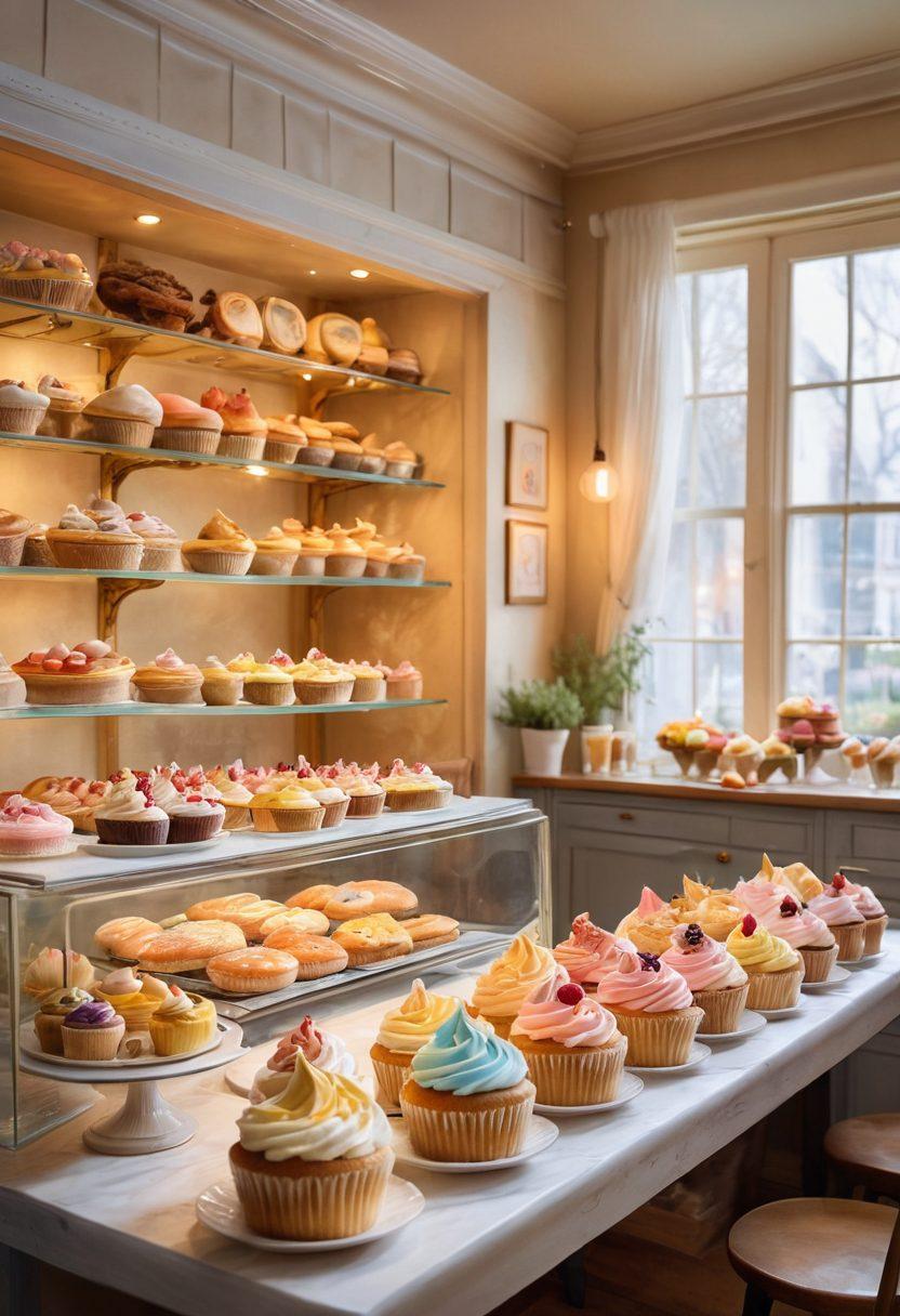 A mesmerizing display of artistic baked goods, featuring intricately designed cakes and pastries arranged on elegant glass platters. Fluffy dough rising under pastel-colored lights, and a backdrop of a cozy bakery with a chef passionately decorating cupcakes. Flour dust subtly floating in the air, creating a dreamy atmosphere of creativity and sweetness. watercolor painting. soft focus. warm tones.