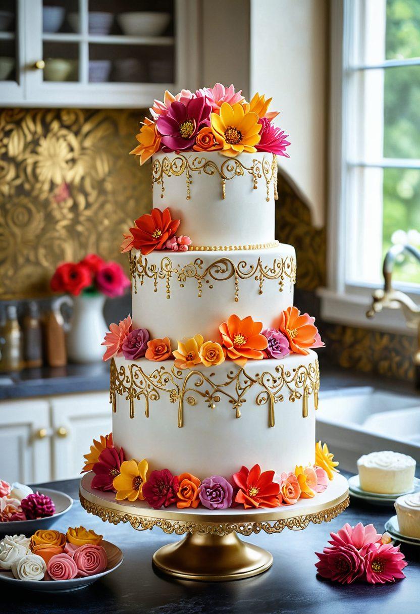 An exquisite display of a multi-tiered cake adorned with intricate sugar flowers and elegant decorations, surrounded by colorful baking tools such as spatulas and pastry bags. The background features an inviting kitchen with soft, warm lighting and hints of flour scattered on the counter, evoking a sense of creativity in baking. The scene should be vibrant and inspirational, showcasing both the beauty of the cake and the artistry involved in creating it. super-realistic. vibrant colors. cozy atmosphere.